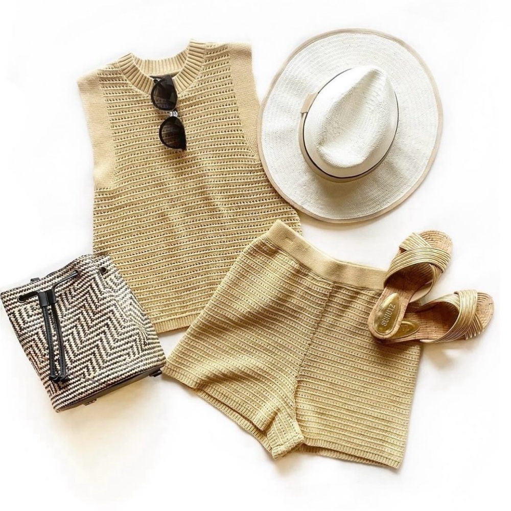 French Connection Tan Lumi Mozart Crochet Sleeveless Tank Matching Short Set 4